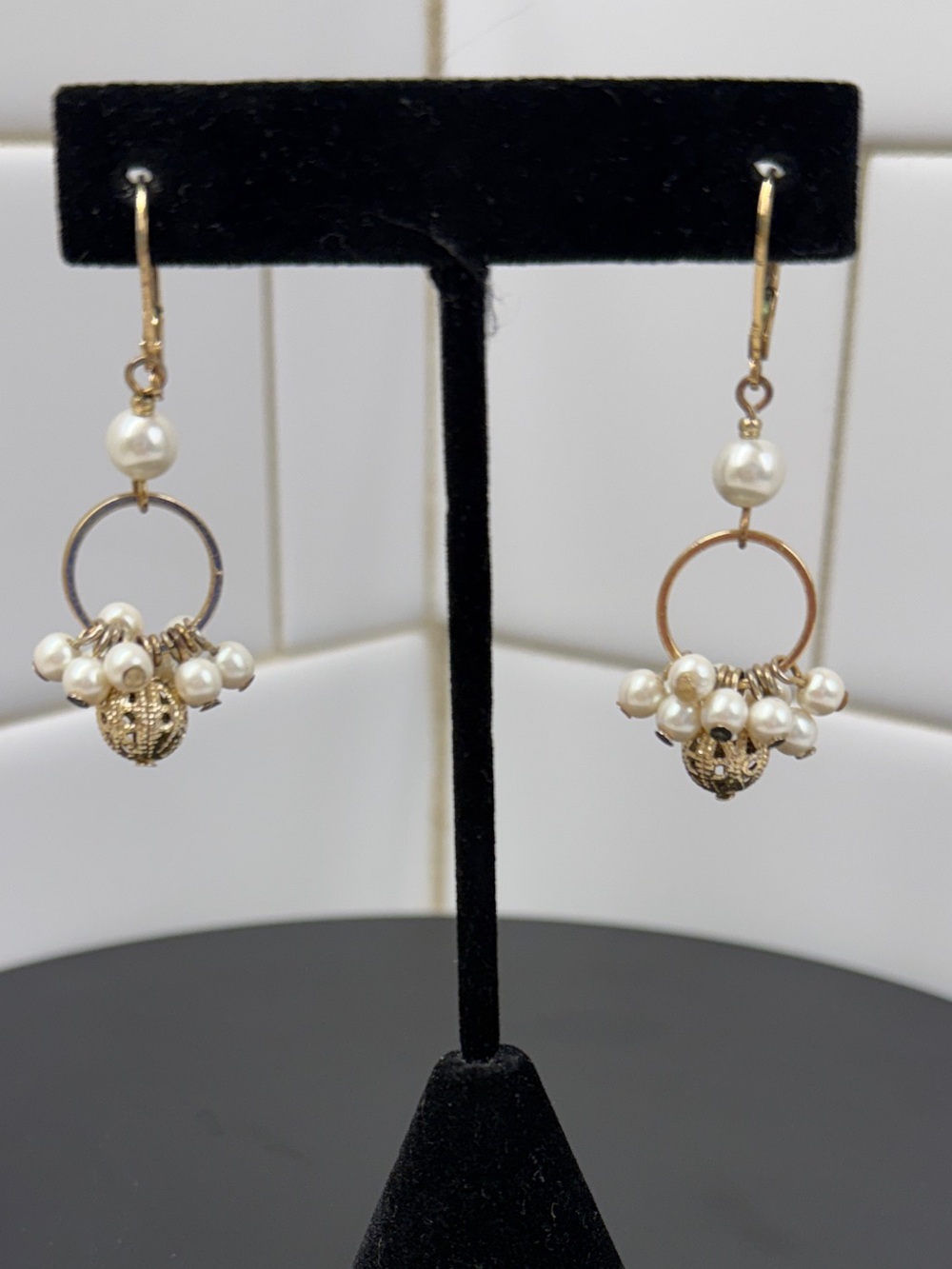 Gold Pearl Cluster Hoop Drop Earrings - Women Jewelry